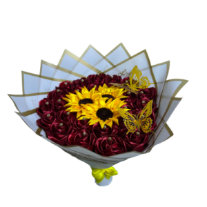 Ramo de rosas y girasoles eternos de listón